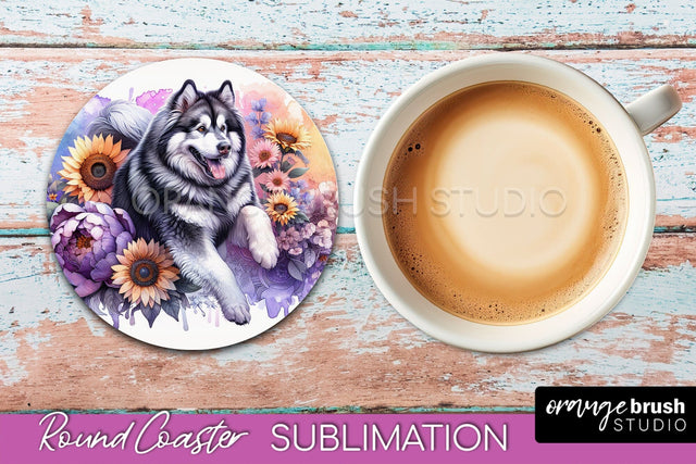 Alaskan Malamute Round Coaster - Dog Mom Floral Coaster Sublimation Sublimation OrangeBrushStudio 