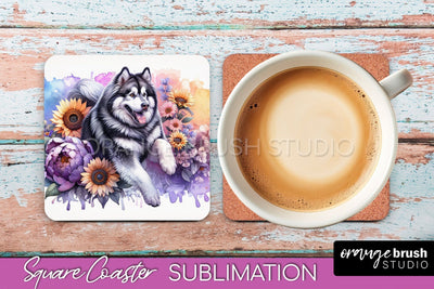 Alaskan Malamute Square Coaster - Dog Mom Floral Coaster Sublimation Sublimation OrangeBrushStudio 