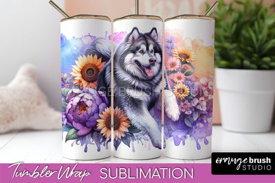 Alaskan Malamute Tumbler Wrap - Dog Mom Floral Tumbler Sublimation Sublimation OrangeBrushStudio 