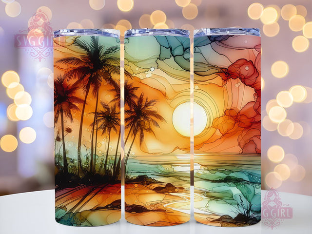 Alcohol ink Ocean Palms Summer 20oz Tumbler Wrap Sublimation Design, Sunset at The Beach Tumbler Wrap, Instant Digital Download Sublimation SvggirlplusArt 