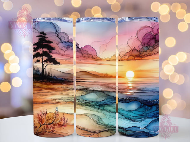 Alcohol ink Ocean Palms Summer 20oz Tumbler Wrap Sublimation Design, Sunset at The Beach Tumbler Wrap, Instant Digital Download Sublimation SvggirlplusArt 