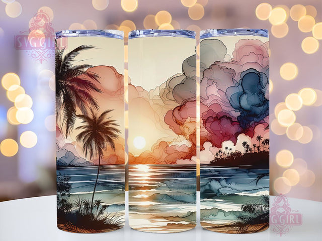 Alcohol ink Ocean Palms Summer 20oz Tumbler Wrap Sublimation Design, Sunset at The Beach Tumbler Wrap, Instant Digital Download Sublimation SvggirlplusArt 