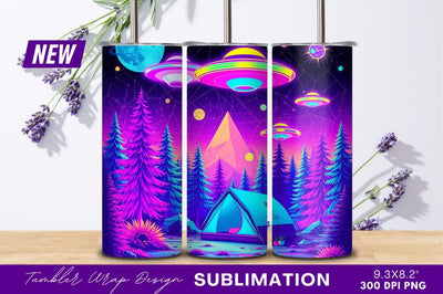 Alien Abduction Camping In Neon Forest Tumbler Png Sublimation Regulrcrative 