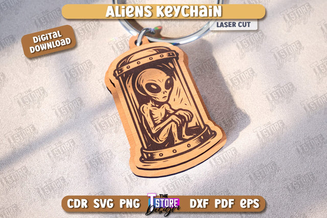 Aliens Keychain Laser Cut | UFOs | Aliens Keyring | Wooden Accessory | Alien Theme | CNC File SVG The T Store Design 