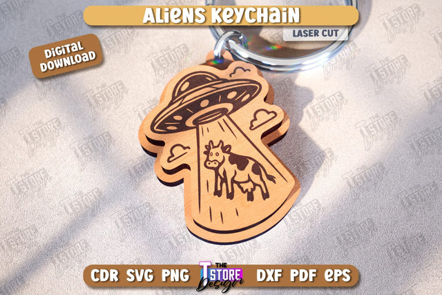 Aliens Keychain Laser Cut | UFOs | Aliens Keyring | Wooden Accessory | Alien Theme | CNC File SVG The T Store Design 