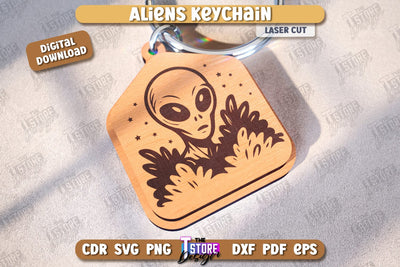 Aliens Keychain Laser Cut | UFOs | Aliens Keyring | Wooden Accessory | Alien Theme | CNC File SVG The T Store Design 