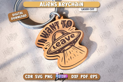 Aliens Keychain Laser Cut | UFOs | Aliens Keyring | Wooden Accessory | Alien Theme | CNC File SVG The T Store Design 