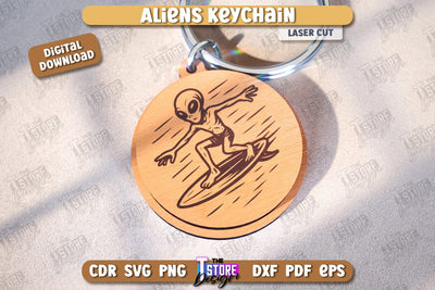 Aliens Keychain Laser Cut | UFOs | Aliens Keyring | Wooden Accessory | Alien Theme | CNC File SVG The T Store Design 