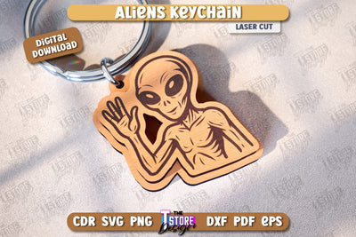 Aliens Keychain Laser Cut | UFOs | Aliens Keyring | Wooden Accessory | Alien Theme | CNC File SVG The T Store Design 