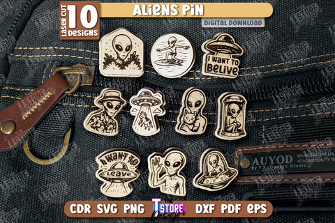 Aliens Pin Laser Cut Bundle | UFOs | Pin Brooch | Clothing Accessory | CNC Files SVG The T Store Design 
