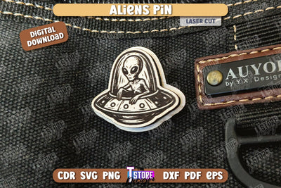 Aliens Pin Laser Cut | UFOs | Pin Brooch | Clothing Accessory | CNC File SVG The T Store Design 