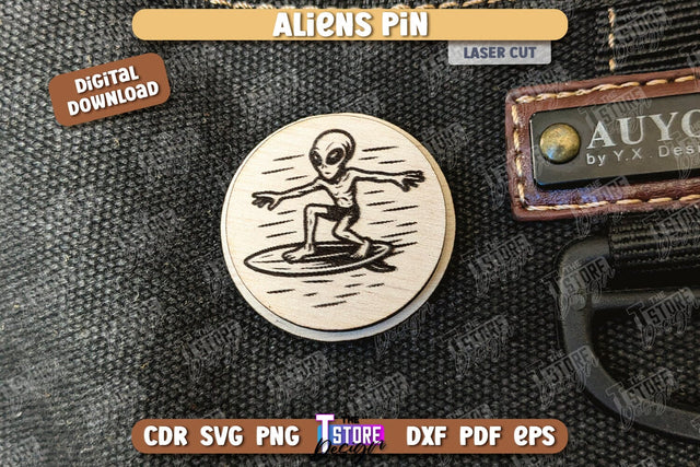 Aliens Pin Laser Cut | UFOs | Pin Brooch | Clothing Accessory | CNC File SVG The T Store Design 