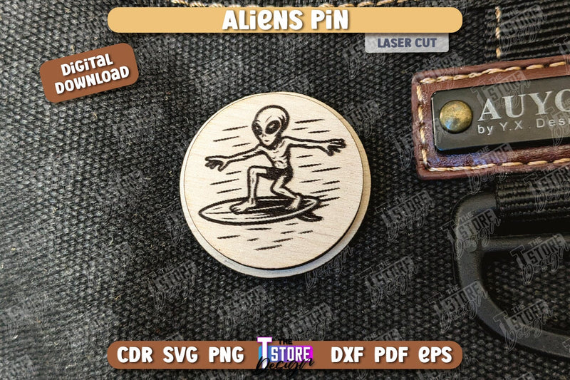 Aliens Pin Laser Cut | UFOs | Pin Brooch | Clothing Accessory | CNC File SVG The T Store Design 