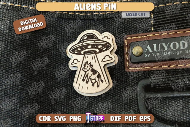 Aliens Pin Laser Cut | UFOs | Pin Brooch | Clothing Accessory | CNC File SVG The T Store Design 
