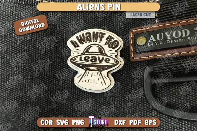 Aliens Pin Laser Cut | UFOs | Pin Brooch | Clothing Accessory | CNC File SVG The T Store Design 