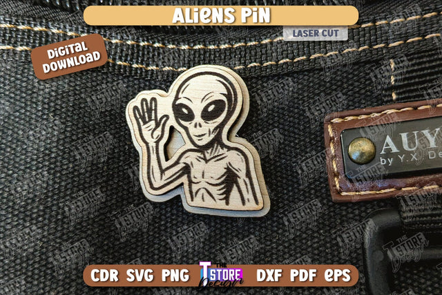 Aliens Pin Laser Cut | UFOs | Pin Brooch | Clothing Accessory | CNC File SVG The T Store Design 