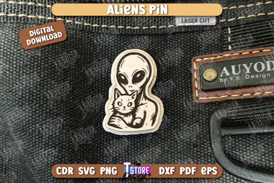 Aliens Pin Laser Cut | UFOs | Pin Brooch | Clothing Accessory | CNC File SVG The T Store Design 