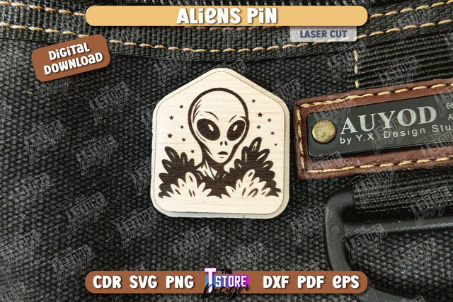 Aliens Pin Laser Cut | UFOs | Pin Brooch | Clothing Accessory | CNC File SVG The T Store Design 