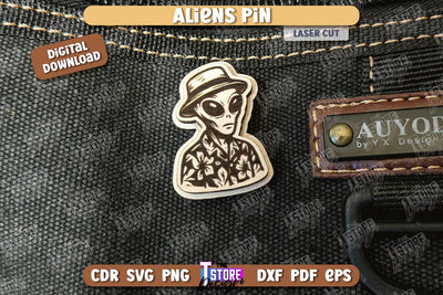 Aliens Pin Laser Cut | UFOs | Pin Brooch | Clothing Accessory | CNC File SVG The T Store Design 
