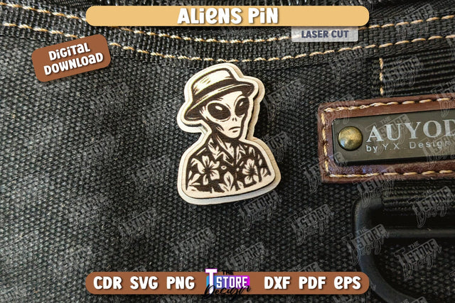 Aliens Pin Laser Cut | UFOs | Pin Brooch | Clothing Accessory | CNC File SVG The T Store Design 
