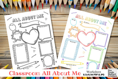 All About Me Printable Digital Worksheet - Back to School Digital Pattern Fine Purple Elephant Creations 