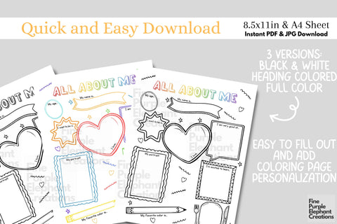 All About Me Printable Digital Worksheet - Back to School Digital Pattern Fine Purple Elephant Creations 