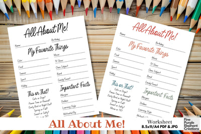 All About Me Printable Worksheet Middle High Back School Digital Pattern Fine Purple Elephant Creations 