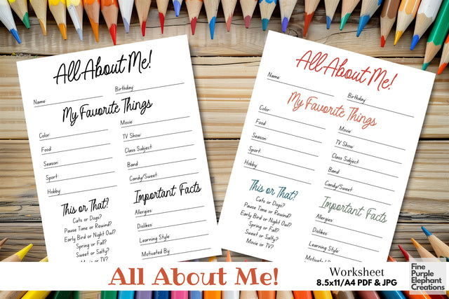 All About Me Printable Worksheet Middle High Back School Digital Pattern Fine Purple Elephant Creations 