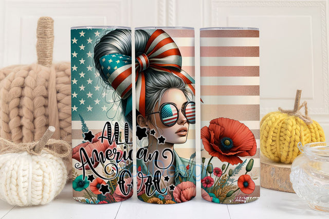 All American Girl Tumbler Wrap Png, Patriotic Tumbler Design, Sublimation Tumbler, Design Download Skinny 20oz Tumbler Wrap Sublimation BouDesign 