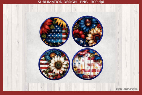All American Sunflower Round Coaster Template PNG Bundle | Red White Blue 4th of July Sublimation Design | Patriotic Summer Decor Sublimation Keepsake Treasures Designs LLC. 