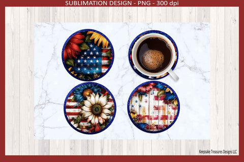 All American Sunflower Round Coaster Template PNG Bundle | Red White Blue 4th of July Sublimation Design | Patriotic Summer Decor Sublimation Keepsake Treasures Designs LLC. 