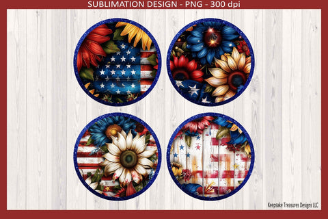 All American Sunflower Round Coaster Template PNG Bundle | Red White Blue 4th of July Sublimation Design | Patriotic Summer Decor Sublimation Keepsake Treasures Designs LLC. 
