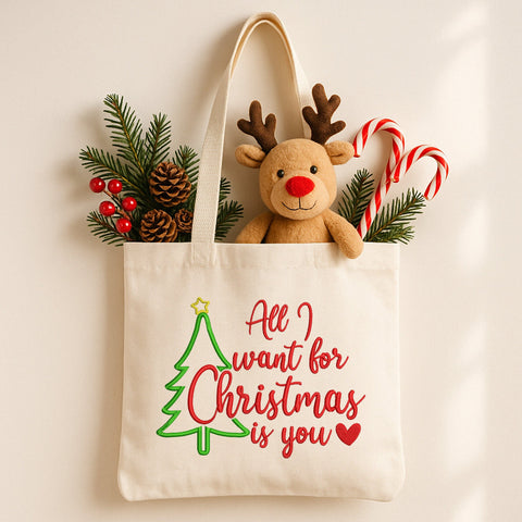 All I Want for Christmas Is You Embroidery Design | Christmas Tree Embroidery Pattern | Christmas Saying Machine Embroidery | 5 Sizes Embroidery/Applique DESIGNS HappyDesignStudio 