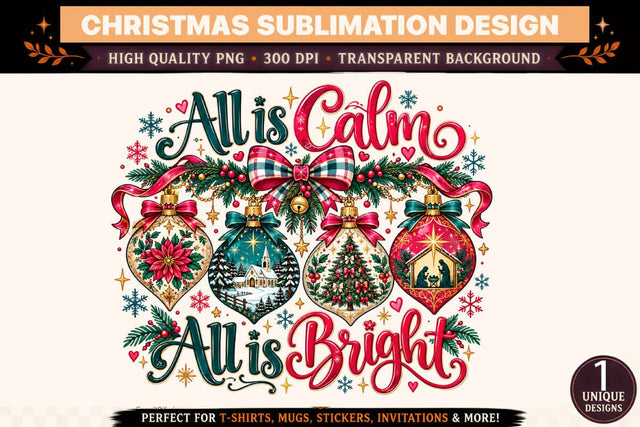All Is Calm All Is Bright PNG, Christmas Ornament Sublimation Design, Vintage Christmas Tree Graphic, Holiday Shirt PNG Sublimation BlackCatsMedia 