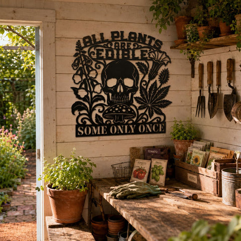 All Plants Are Edible Some Only Once Laser SVG | Funny Skull Laser Cut File | Sarcastic Gardening Sign DXF | CNC Plasma Cut Metal Wall Art SVG HappyDesignStudio 