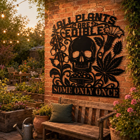 All Plants Are Edible Some Only Once Laser SVG | Funny Skull Laser Cut File | Sarcastic Gardening Sign DXF | CNC Plasma Cut Metal Wall Art SVG HappyDesignStudio 