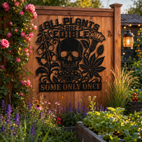 All Plants Are Edible Some Only Once Laser SVG | Funny Skull Laser Cut File | Sarcastic Gardening Sign DXF | CNC Plasma Cut Metal Wall Art SVG HappyDesignStudio 