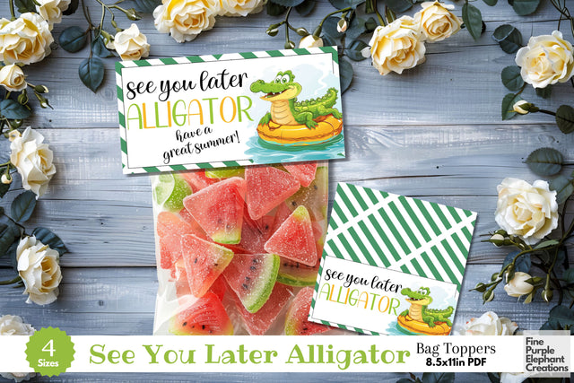 Alligator Printable Treat Bag Topper Card - Small Favor End School Year Summer Digital Pattern Fine Purple Elephant Creations 