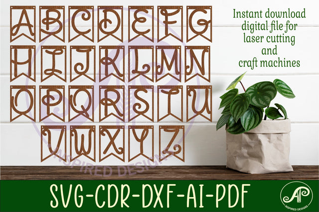Alphabet curly font bunting banner flags SVG laser cut SVG APInspireddesigns 