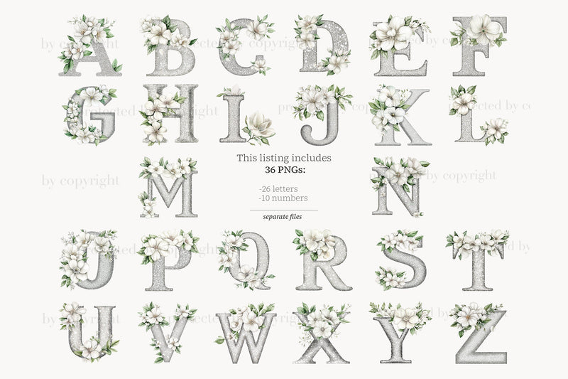 Alphabet Digital Silver Elegant Wedding Letters Printable SVG GlamArtZhanna 