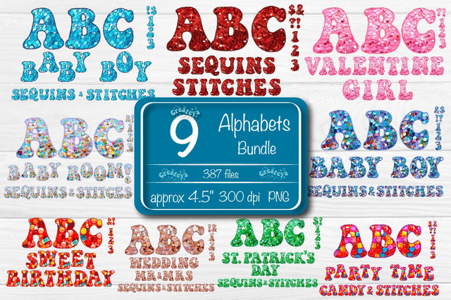 Alphabet PNG Bundle Letters Numbers Symbols Glitter Embroidery Stitches Sublimation Createya Design 