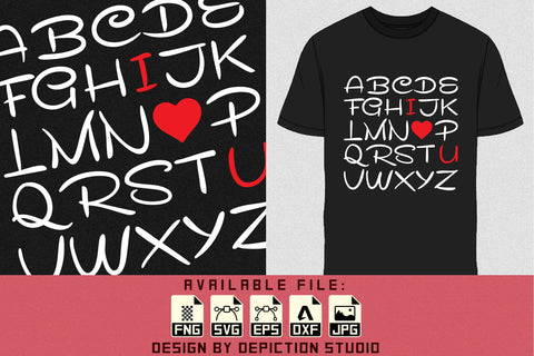 Alphabet Valentine T-Shirt, I Love You Shirt, ABCD Shirt, Valentine ABCD Shirt Print Template Sketch DESIGN Depiction Studio 