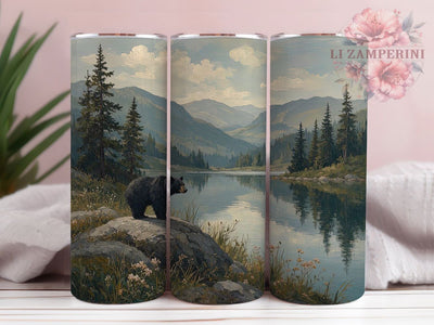Alpine Bear Lake Watercolor Landscape 20oz Tumbler, Alpine Bear, Lake Watercolor, Mountain Landscape, 20oz Tumbler Wrap, Sublimation Design, Wildlife Nature, Digital Download Sublimation Li Zamperini 