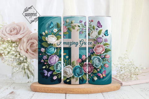Amazing Grace Floral Cross 20oz Tumbler Sublimation sassyprint 