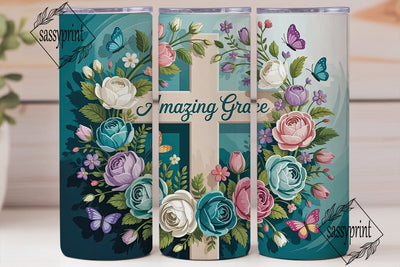Amazing Grace Floral Cross 20oz Tumbler Sublimation sassyprint 