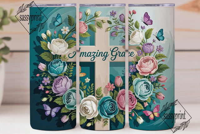 Amazing Grace Floral Cross 20oz Tumbler Sublimation sassyprint 