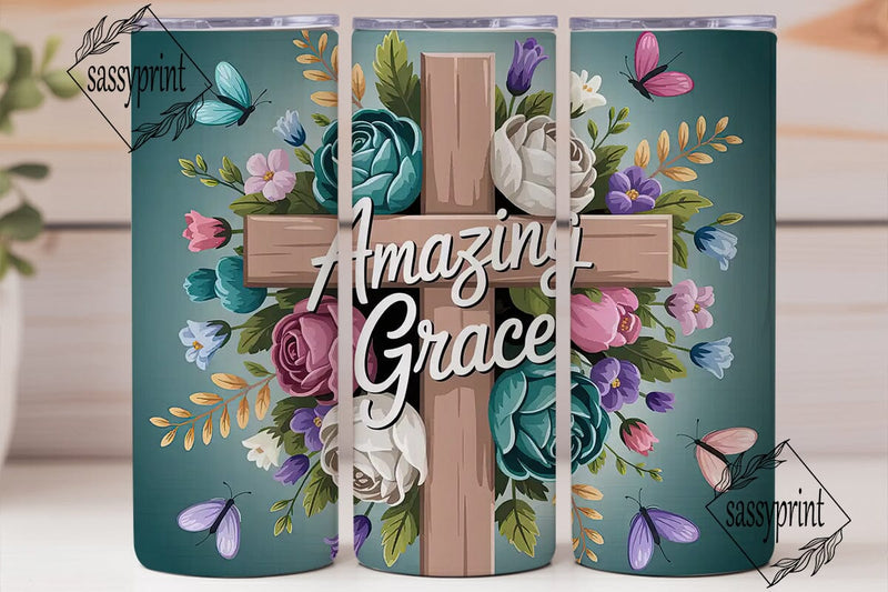 Amazing Grace Floral Cross 20oz Tumbler Sublimation sassyprint 
