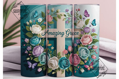 Amazing Grace Floral Cross 20oz Tumbler Sublimation sassyprint 