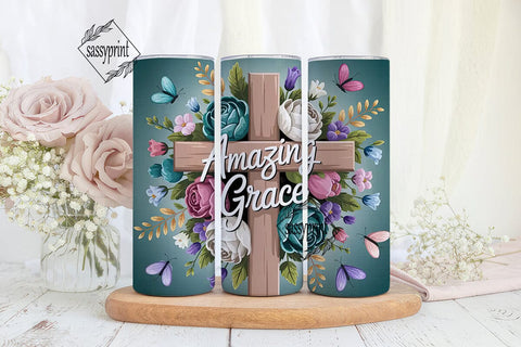 Amazing Grace Floral Cross 20oz Tumbler Sublimation sassyprint 