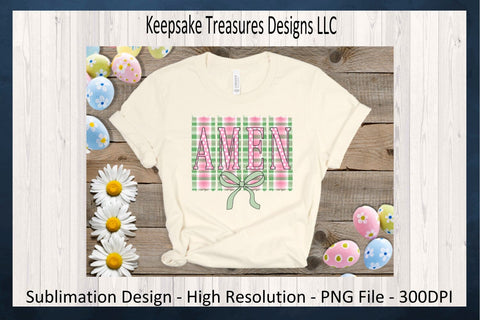 Amen, Pastel Gingham, Inspirational T-Shirt Design, Coquette Bow, Sublimation PNG Design, Digital Download Sublimation Keepsake Treasures Designs LLC. 